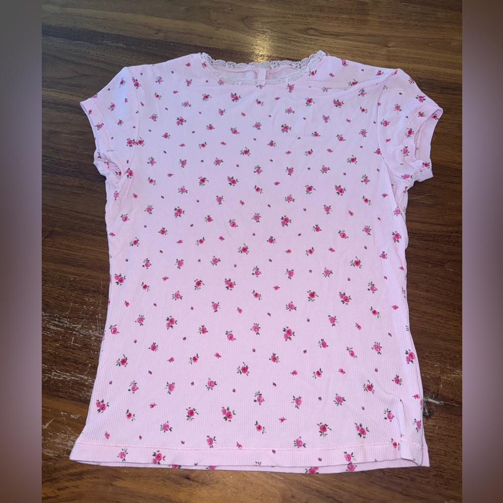 SKIMS Pink Short-Sleeve Floral Lace-Trim Tee